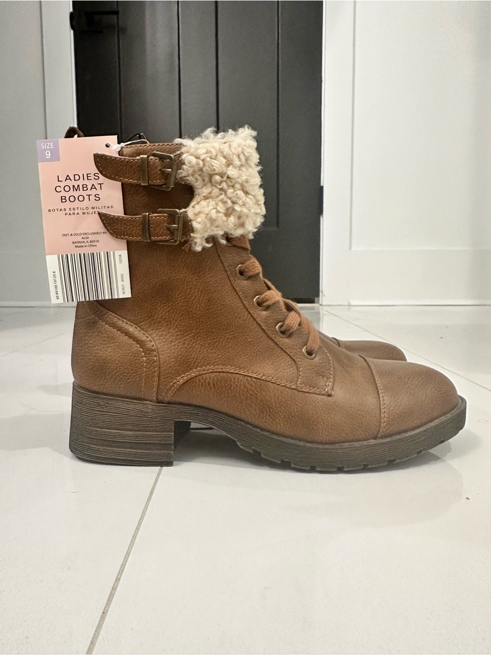 Serra Brown Lace-Up Combat Boots with Faux Shearling Cuff